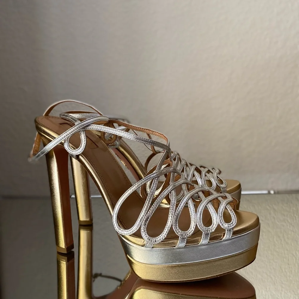 New AQUAZZURA Monroe Plateau 130 Two-Tone Metallic Leather Platform Sandals